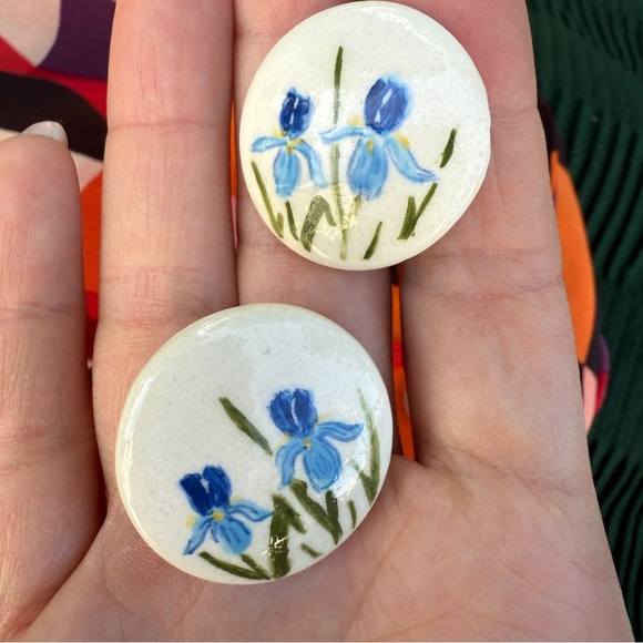 Blue Iris Hand Painted Floral Ceramic Earrings - Picture 14 of 14